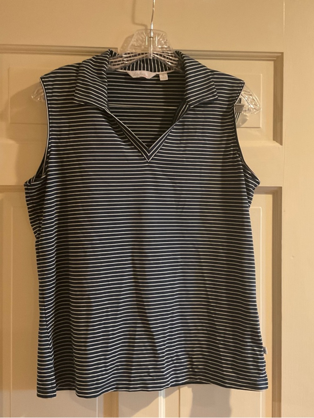 Lady Hagen Essentials Navy White Striped Sleeveless Golf Polo Top Size Medium